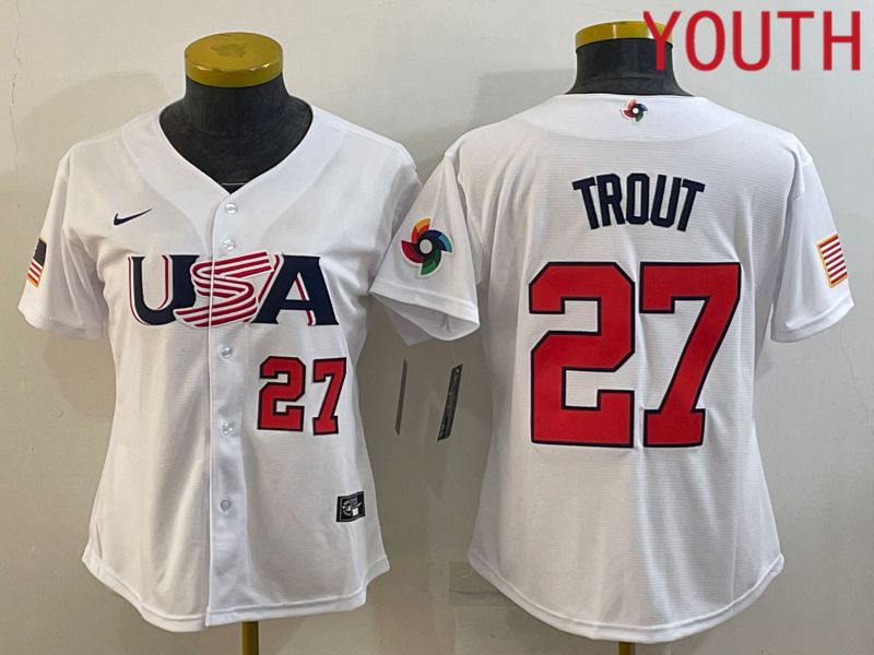 Youth 2023 World Cub USA 27 Trout White MLB Jersey2